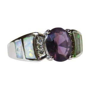 Silver Ring Size 9 White Lab Opal Inlay 8mm * 6mm Amethyst & White Topaz NOS